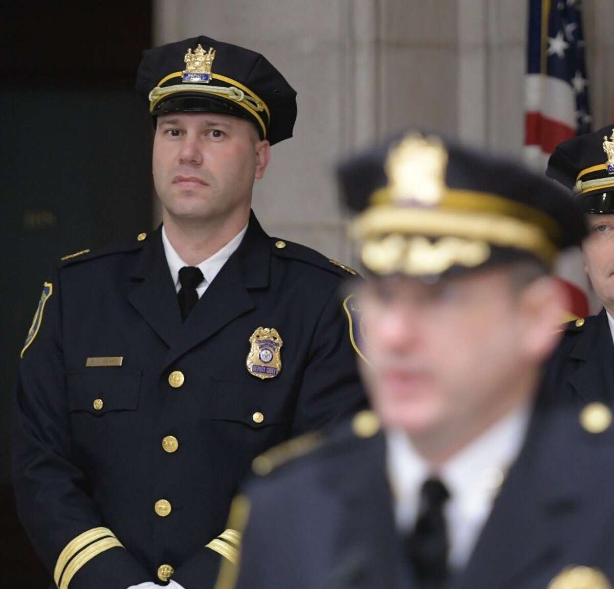 Deputy Albany Police Chief Robert Sears looks on as Police Chief Brendan Cox announces his retirement from the police department. Sears will take on day-to-day leadership of the department but Mayor Kathy Sheehan says she intends to mount a nationwide search for the next police chief. (Skip Dickstein / Times Union)