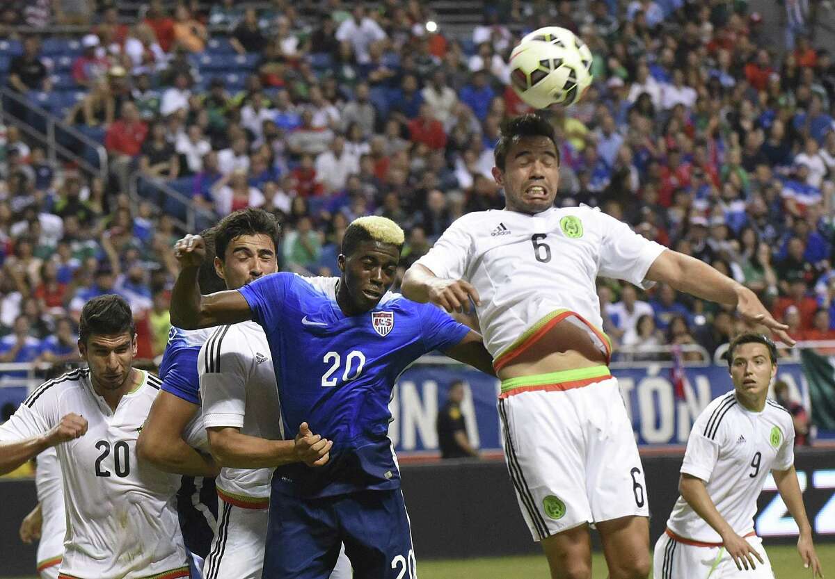 Antonio Rios of Mexico defends during a corner kick during an international friendly match against the USA at the Alamodome on April 15, 2015.