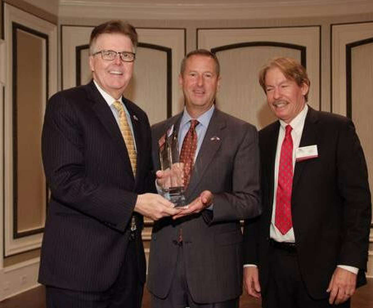 The Executive Council Dan Hoyt Memorial Leadership Award was presented to Texas Lieutenant Governor Dan Patrick at the Houston West Chamber of Commerce Diamond Leadership Awards. From left are Patrick; State Sen. Jim Murphy and Clyde Bryan of the Executive Council.