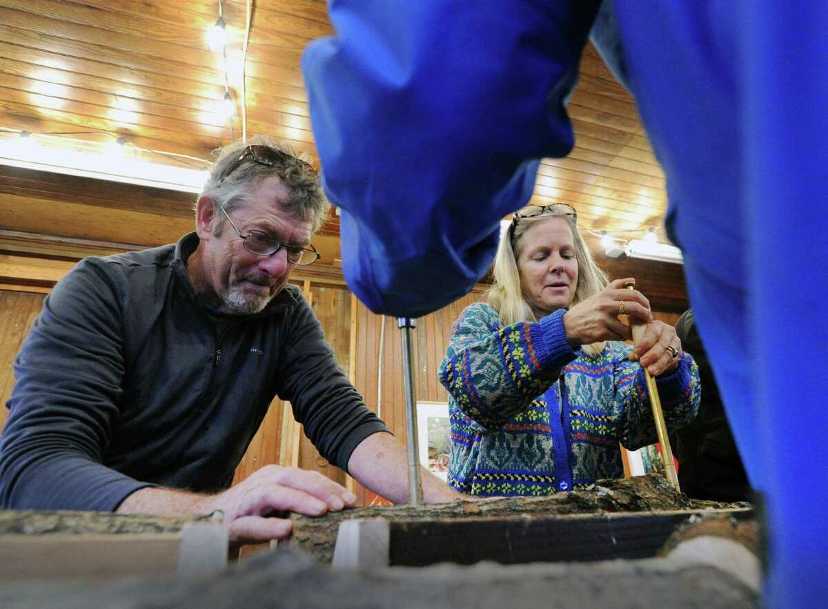 Greenwich Land Trust Conservation Educator, Dean Fausel, left, helps Greenwich resident Darcy Hadjipateras inoculate Golden Oyster Mushrooms spores into a Poplar tree log during a workshop on cultivating Golden Oyster Mushrooms at the Greenwich Land Trust facility off Round Hill Road in Greenwich, Conn., Wednesday, Dec. 14, 2016.