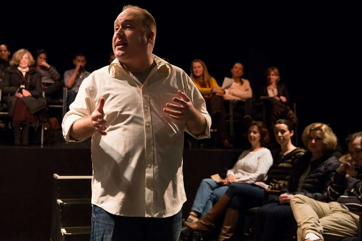 In this image released by The O+M Company shows Jonny Donahoe in a scene from “Every Brilliant Thing” in New York. A hit at the Edinburgh Fringe Festival, the play, running through March 29, includes a partial list of things a son writes to prove to his depressed mother that life is worth living. (AP Photo/O+M Co; Matthew Murphy)