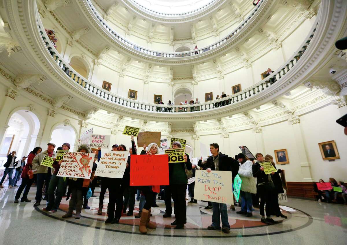 Protesters took to the Texas Capitol in 2016 as the state’s Electoral College voted. The Electoral College is outdated, but a solution exists.