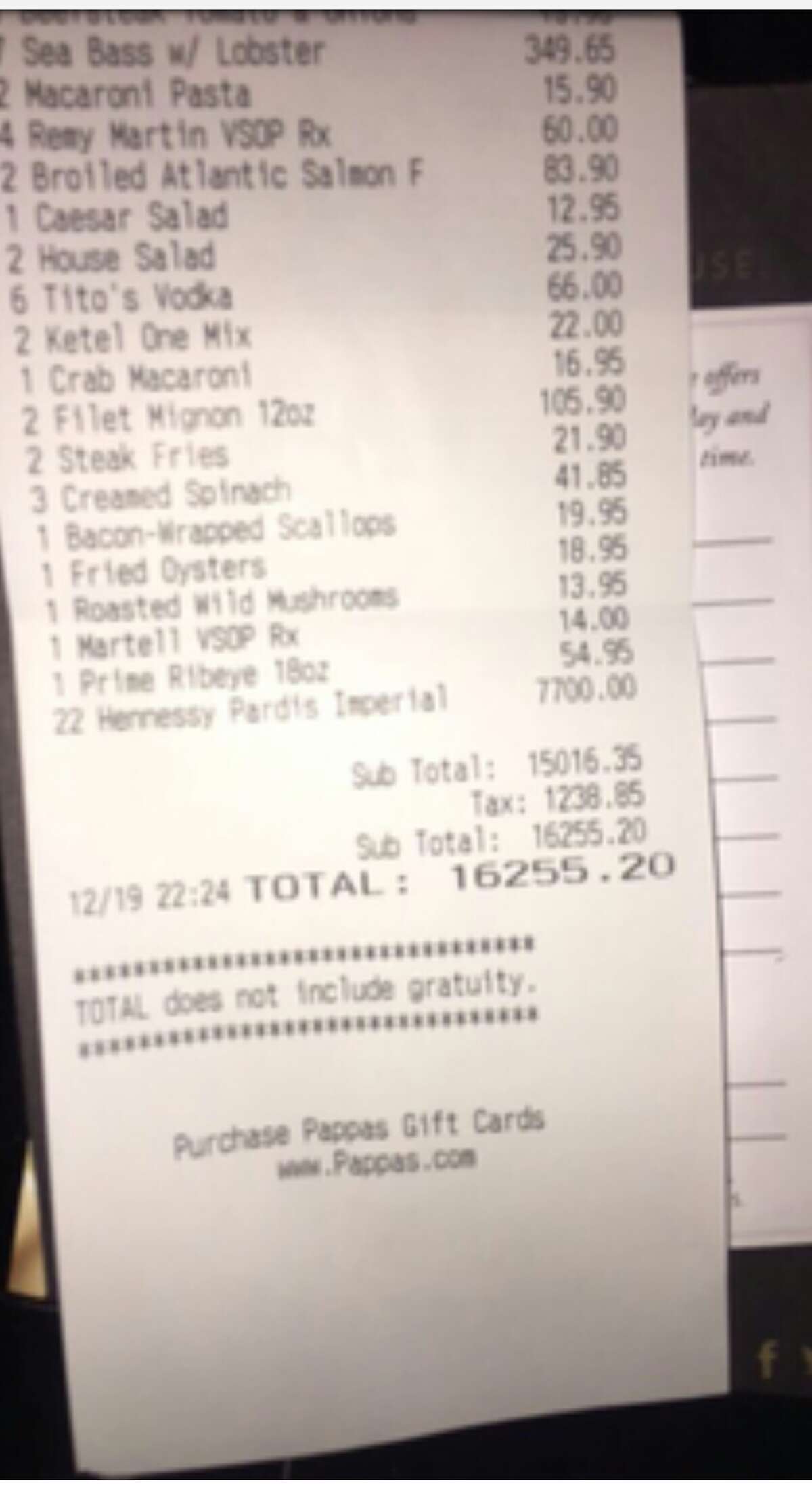 Texans rookie safety K.J. Dillon tweeted this photo of a receipt from Monday's dinner with teammates. Dillon ordered a salad but got stuck with the entire bill.
