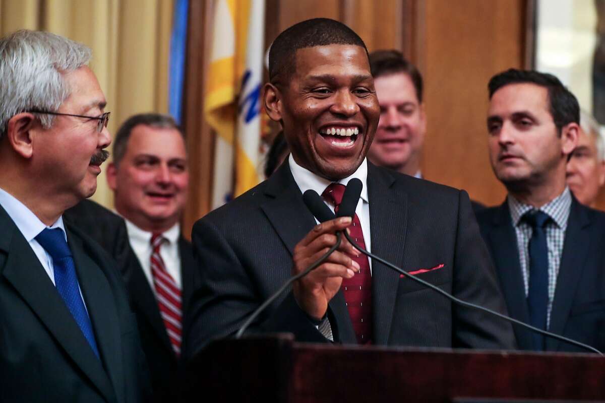 William Scott, a veteran Los Angeles deputy chief, laughs as he speaks during a press conference which announced him as the new San Francisco police chief at City Hall, in San Francisco, Calif., on Tuesday, Dec. 20, 2016.