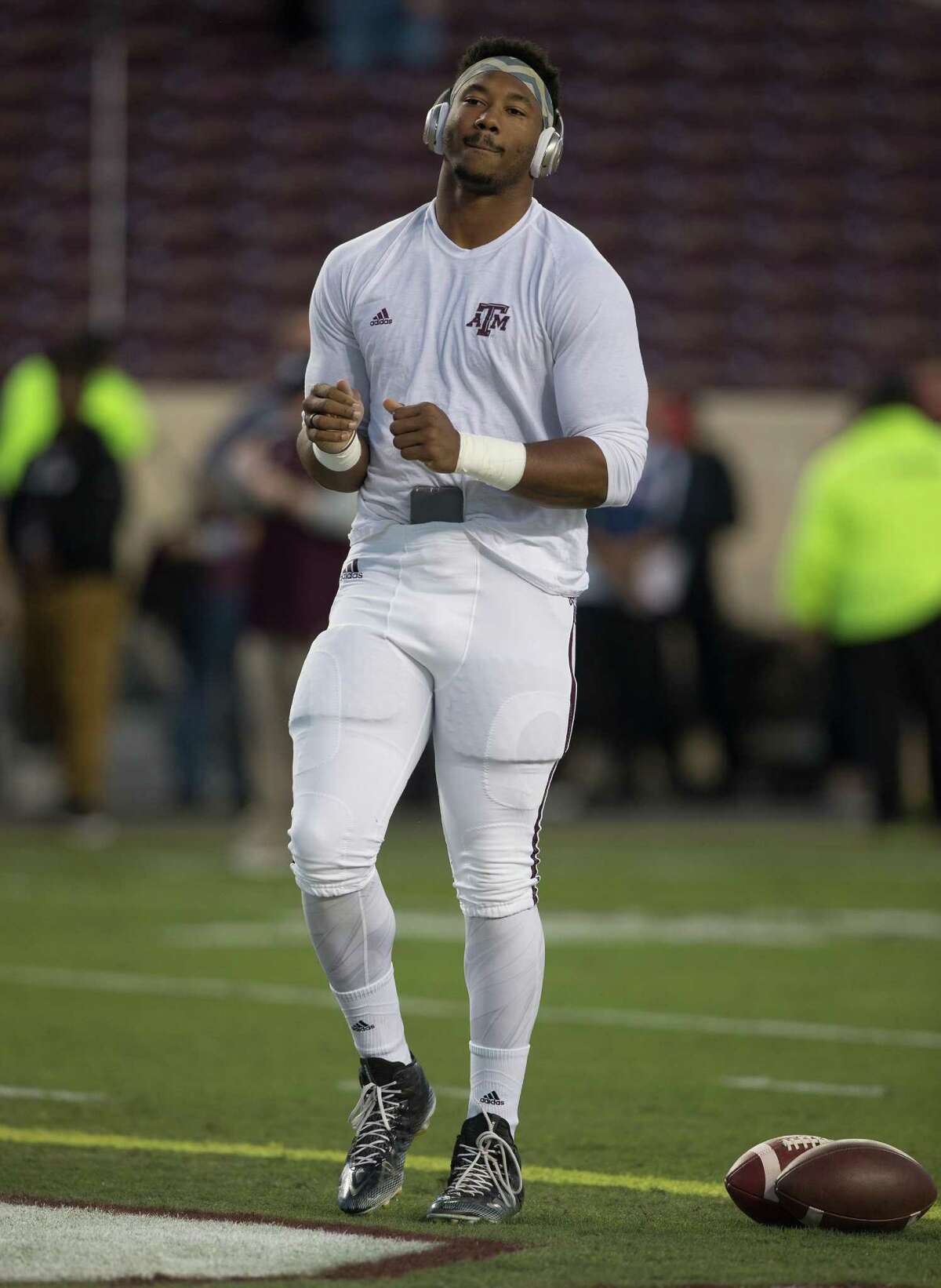 Myles Garrett of the Texas A&M Aggies warms up before playing LSU Tigers at Kyle Field on Nov. 24, 2016 in College Station.