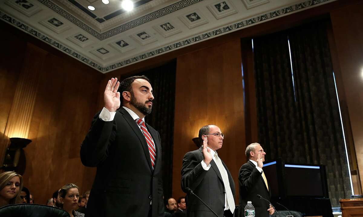 WASHINGTON, DC - MAY 15: (L-R) Alex Stamos, chief information security officer at Yahoo! Inc.; George Salem, senior product manager at Google Inc.; and Craig Spiezle, executive director, founder and president of the Online Trust Alliance are sworn in prior to testimony before the Senate Homeland Security Committee May 15, 2014 in Washington, DC. The committee heard testimony on the topic of on "Online Advertising and Hidden Hazards to Consumer Security and Data Privacy." (Photo by Win McNamee/Getty Images)