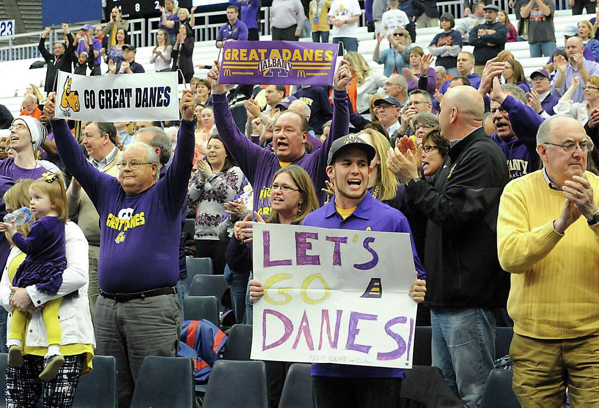 University at Albany fans celebrate as UAlbany takes the lead for the first time in the game against Florida in the first round of the NCAA women's basketball tournament at the Carrier Dome on Friday, March 18, 2016 in Syracuse, N.Y. (Lori Van Buren / Times Union)