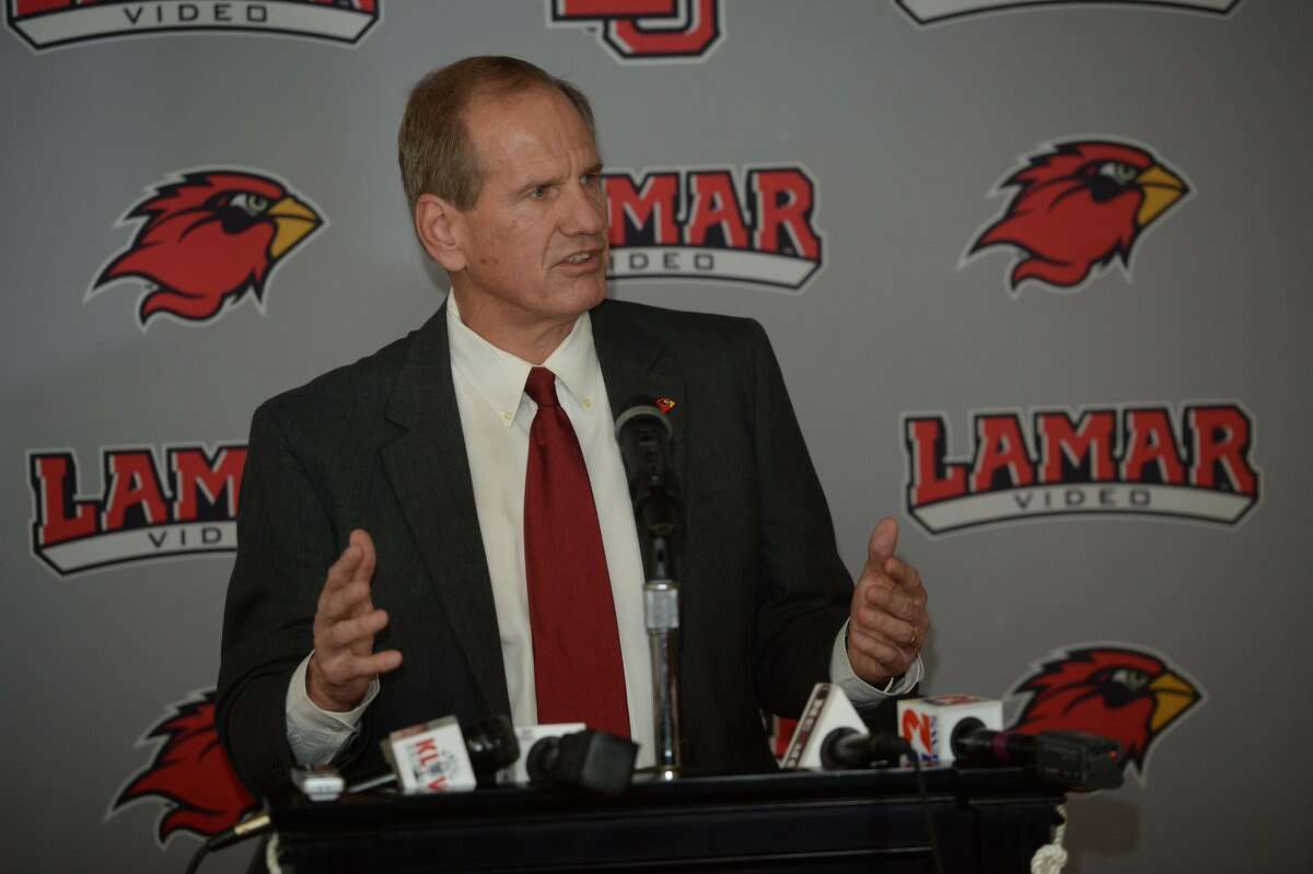 Lamar University head football coach Mike Schultz speaks at a press conference Thursday afternoon. Photo by Guiseppe Barranco/The Enterprise
