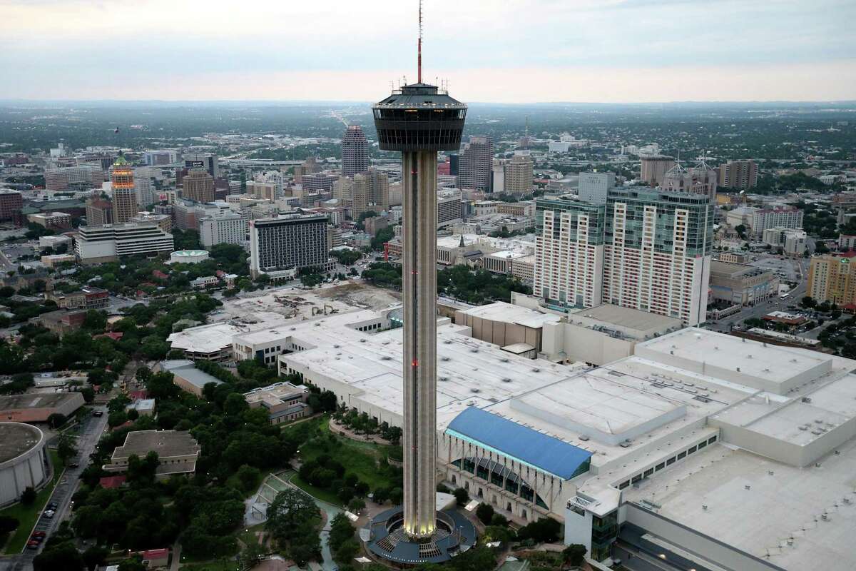 Aerial view of downtown, the Tower of the Americas, Henry B. Gonzalez Convention Center, and Grand Hyatt San Antonio Friday May 20, 2016.