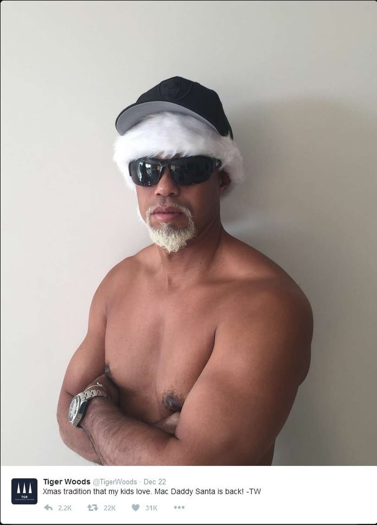 Tiger Woods Verified account ‏@TigerWoods Xmas tradition that my kids love. Mac Daddy Santa is back! -TW