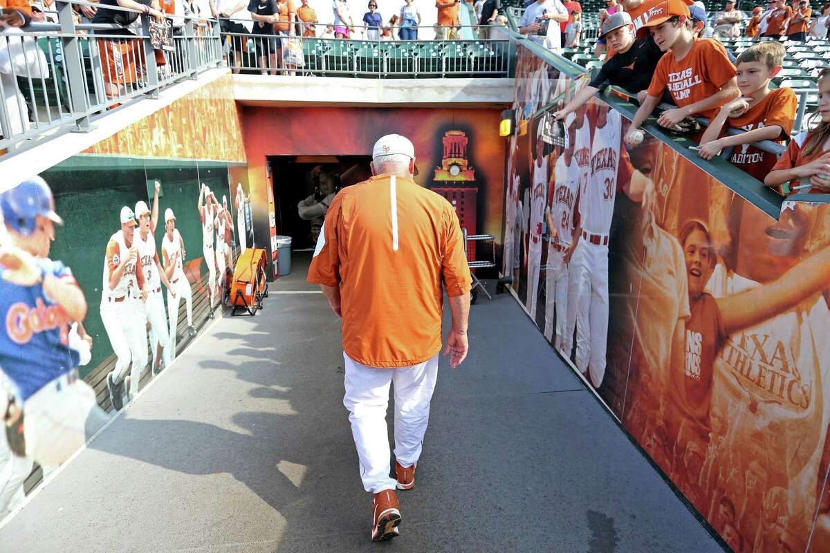 Texas head coach Augie Garrido leaves the field after the game with Baylor May 21, 2016 at UFCU Disch-Falk Field in Austin, Tx. Texas won 7-6.