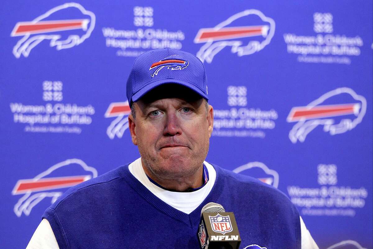 FILE - In a Sunday, Dec. 11, 2016 file photo, Buffalo Bills head coach Rex Ryan talks to reporters after an NFL football game against the Pittsburgh Steelers, in Orchard Park, N.Y. The Bills annoounced Tuesday, Dec. 27, 2016, that they have fired coach Rex Ryan ahead of their last game of the season after he failed to lead Buffalo to the playoffs. (AP Photo/Bill Wippert)