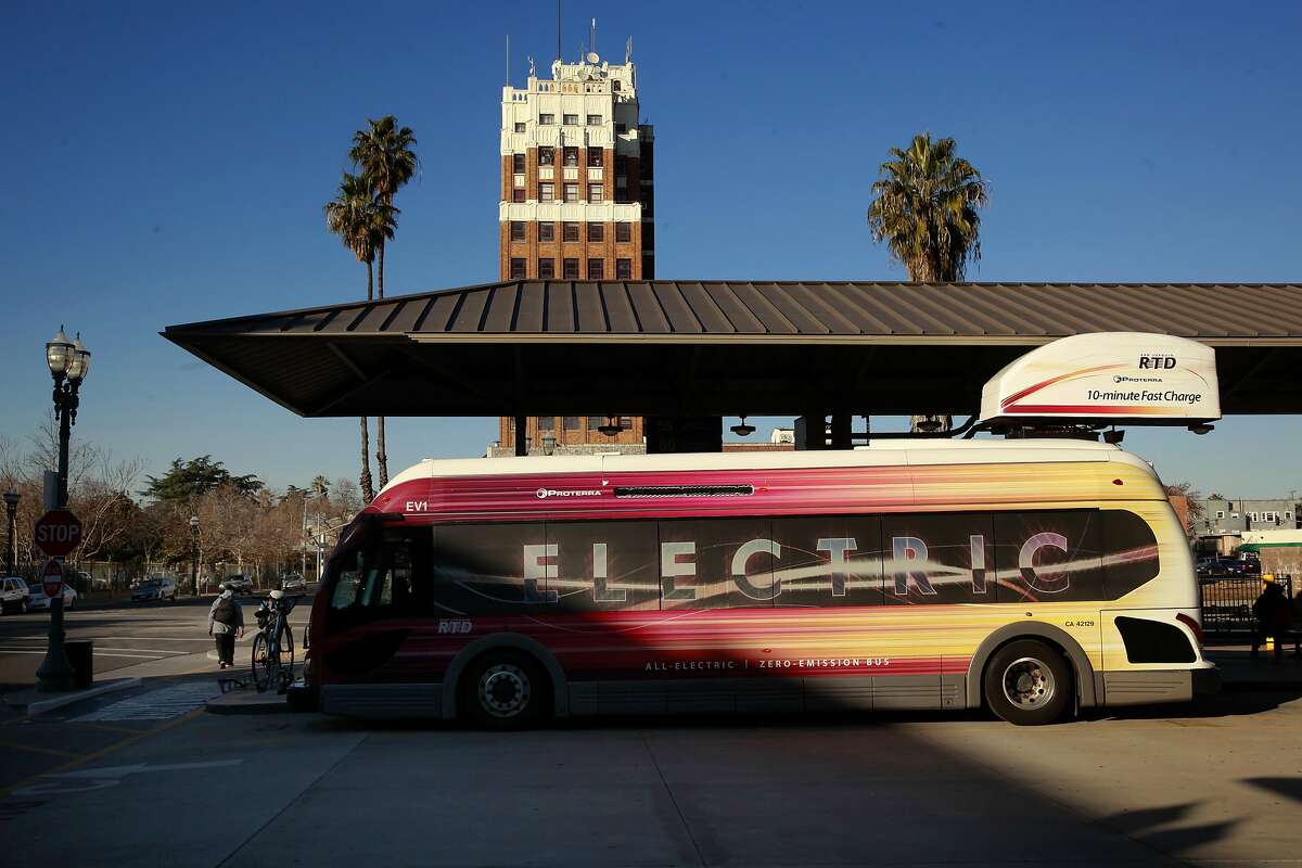 An all electric Proterra bus is seen at the overhead 10 minute charging station at Rthe egional Transit Station in downtown Stockton, California, on Wednesday December 28, 2016. The Stockton-based San Joaquin Regional Transit District currently operates two 35-foot Proterra buses in their fleet.