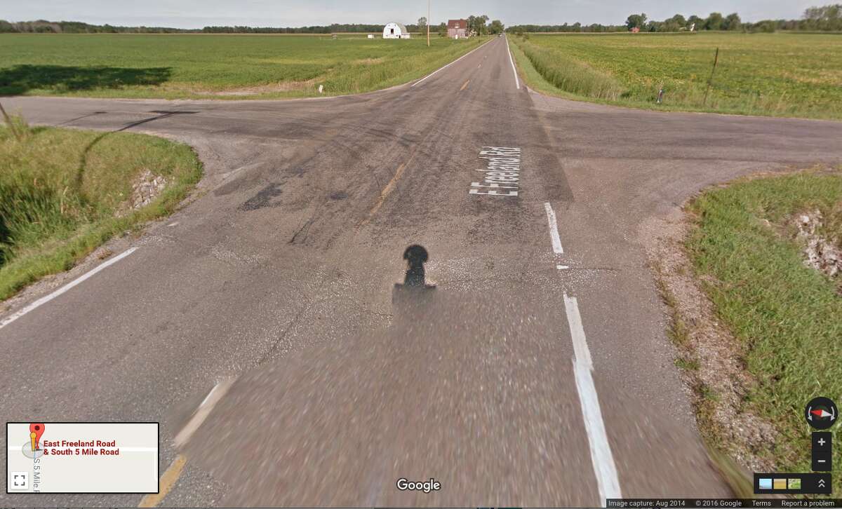 The intersection of Freeland and 5 Mile roads in Mount Haley Township is seen in the image from Google Maps.