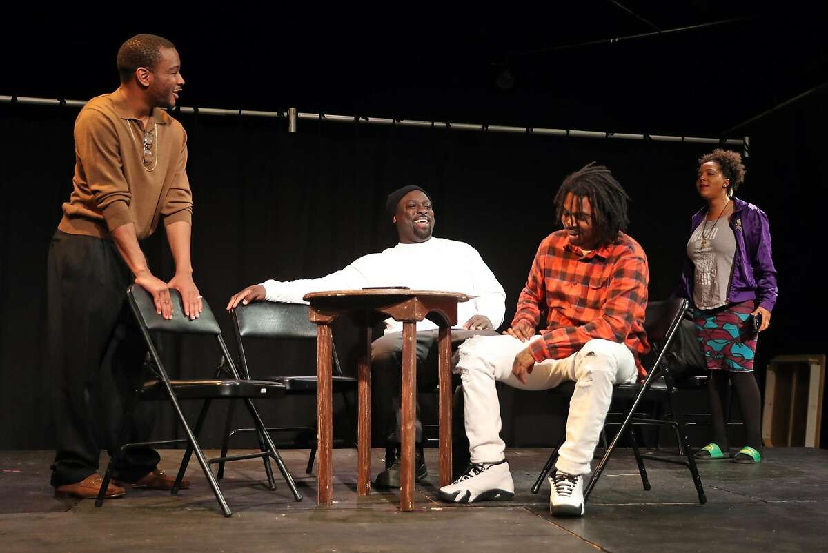 (left to right) Julian Green, Pierre Scott, Stanley Hunt and Venus Morris during The Lower Bottom Playaz' rehearsal of Mama at Twilight: Death by Love in Oakland, Calif., on Thursday, December 29, 2016.