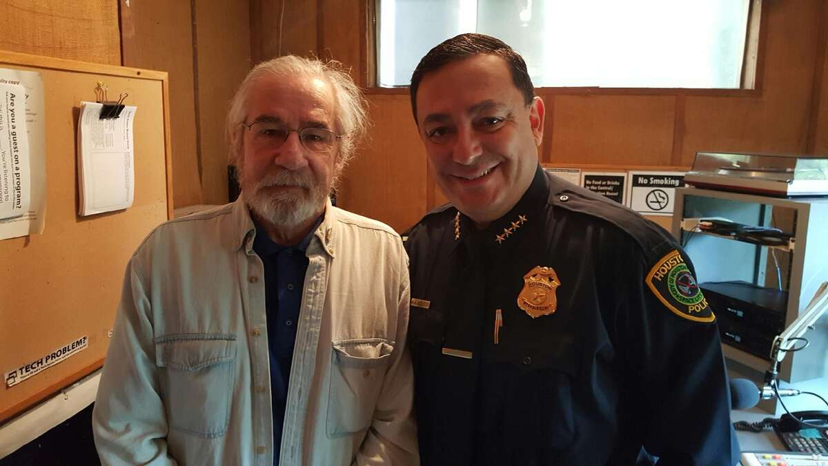 Cultual Baggage radio show host Dean Becker with Houston Police Chief Art Acevedo at 90.1 KPFT's studio in Houston. Their interview airs Friday at 4:30 p.m.