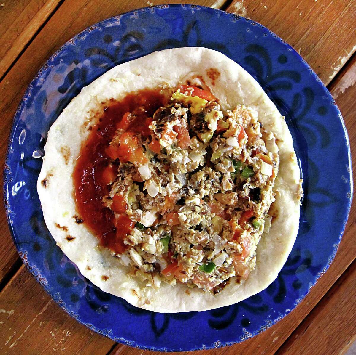 Machacado a la Mexicana taco on a flour tortilla from Pete's Tako House on Brooklyn Avenue.