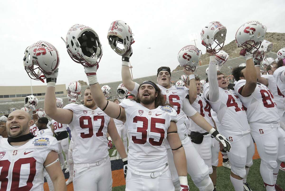Stanford players celebrate their win over North Carolina in the Sun Bowl NCAA college football game Friday, Dec., 30, 2016, in El Paso, Texas. (AP Photo/Mark Lambie)