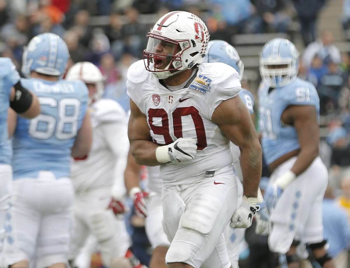 Stanford defensive lineman Solomon Thomas celebrates after sacking North Carolina quarterback Mitch Trubisky during the second half of the Sun Bowl NCAA college football game, Friday, Dec. 30, 2016, in El Paso, Texas. (AP Photo/Mark Lambie)