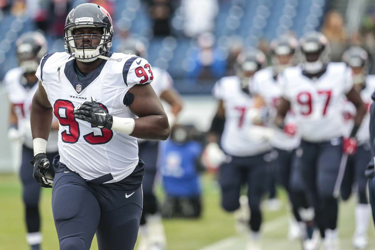 Houston Texans defensive end Joel Heath (93) runs onto the field with his teammates before an NFL football game against the Tennessee Titans at Nissan Stadium on Sunday, Jan. 1, 2017, in Nashville. ( Brett Coomer / Houston Chronicle )