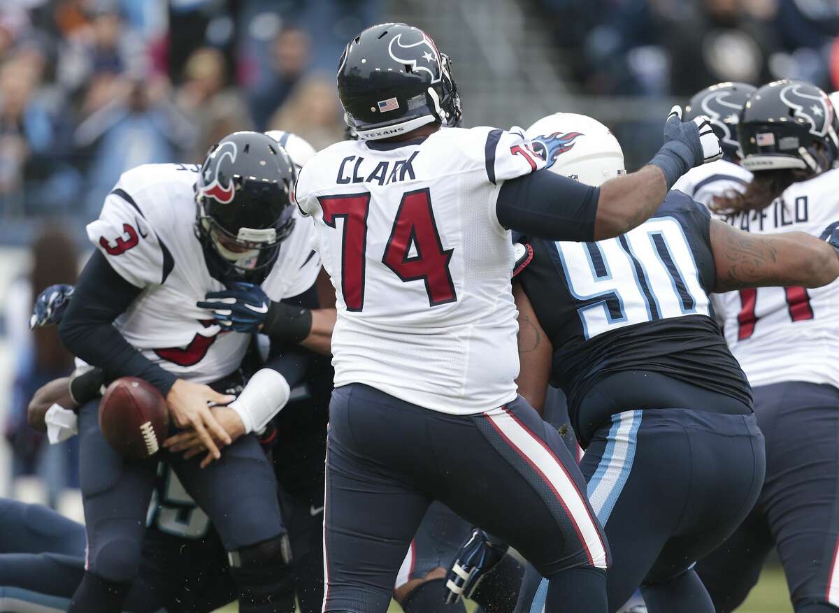 Houston Texans quarterback Tom Savage (3) fumbles as he is sacked by Tennessee Titans inside linebacker Sean Spence during the first quarter of an NFL football game at Nissan Stadium on Sunday, Jan. 1, 2017, in Nashville. The Titans recovered the fumble in the end zone for a touchdown. ( Brett Coomer / Houston Chronicle )