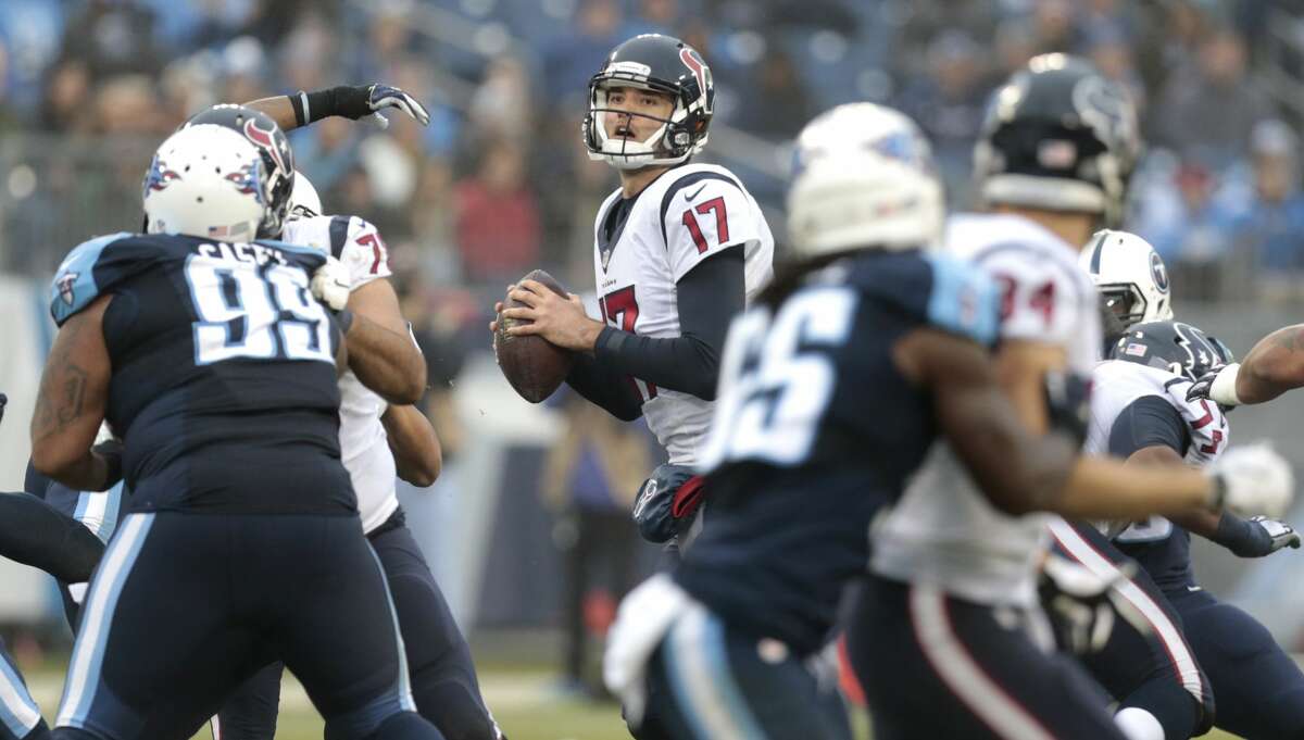 Houston Texans quarterback Brock Osweiler (17) drops back to pass against the Tennessee Titans during the fourth quarter of an NFL football game at Nissan Stadium on Sunday, Jan. 1, 2017, in Nashville. ( Brett Coomer / Houston Chronicle )