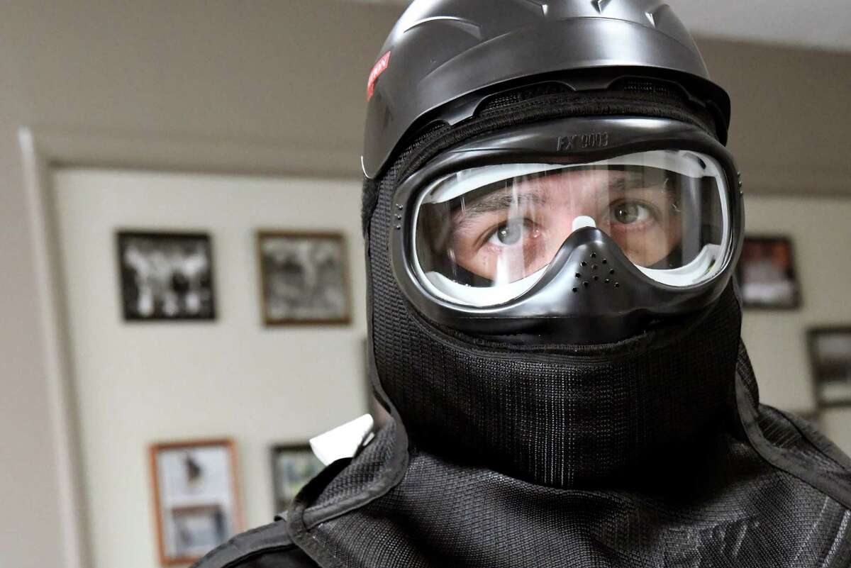 Deputy Mark Kirker of the Schenectady County Sheriff's Office wears the training protective gear on Tuesday, Dec. 20, 2016, at Zone 5 Training Academy in Schenectady, N.Y. (Cindy Schultz / Times Union)