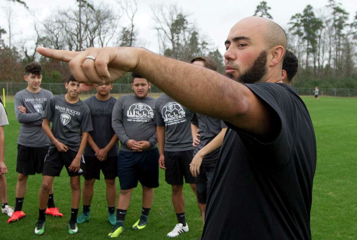 New head coach Thomas Stout directs players during soccer practice at Willis High School Wednesday, Dec. 28, 2016, in Willis.