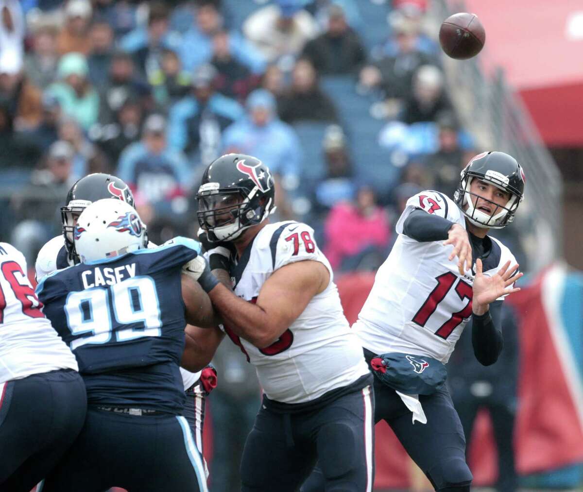 Houston Texans quarterback Brock Osweiler (17) throws a pass against the Tennessee Titans during the second quarter of an NFL football game at Nissan Stadium on Sunday, Jan. 1, 2017, in Nashville. ( Brett Coomer / Houston Chronicle )