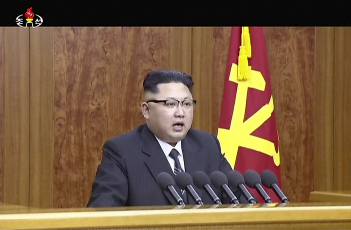 In this undated image from video distributed on Sunday, Jan. 1, 2017, by North Korean broadcaster KRT, North Korean leader Kim Jong Un delivers a speech in Pyongyang. North Korean leader Kim Jong Un hinted Sunday that Pyongyang may be hoping to ring in the new year with another bang - the test-launch of an ICBM. In his annual New Year?’s address, Kim said that after testing what the North claims was its first H-bomb last year, preparations for launching an intercontinental ballistic missile have ?“reached the final stage?”. (KRT via AP)