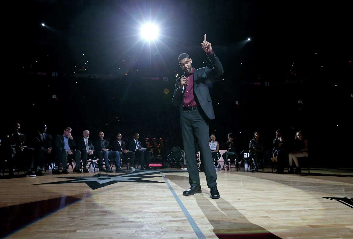 Former San Antonio Spurs player Tim Duncan speaks during his jersey retirement ceremony held after the game with the New Orleans Pelicans Sunday Dec. 18, 2016 at the AT&T Center.