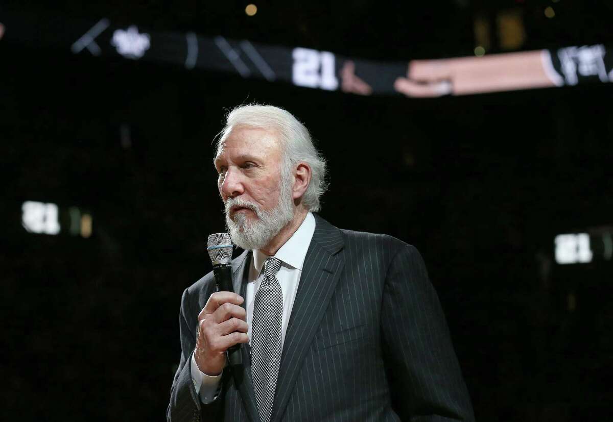 San Antonio Spurs head coach Gregg Popovich speaks during Tim Duncan's No. 21 jersey retirement ceremony held after the game with the New Orleans Pelicans Sunday Dec. 18, 2016 at the AT&T Center.