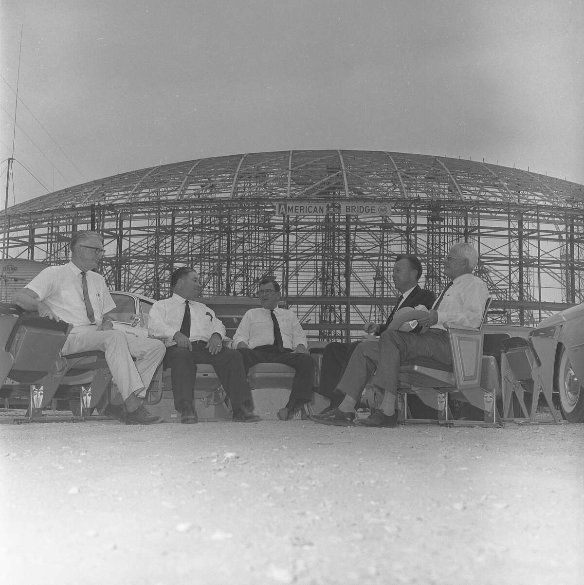 October 1963: Harris County commissioners check out stadium seats for the to-be-completed domed stadium (Astrodome). commissioners V.V. (Red) Ramsey, E.A. (Squatty) Lyons, W. Kyle Chapman, County Judge Bill Elliott, and commissioner Philip Sayers.