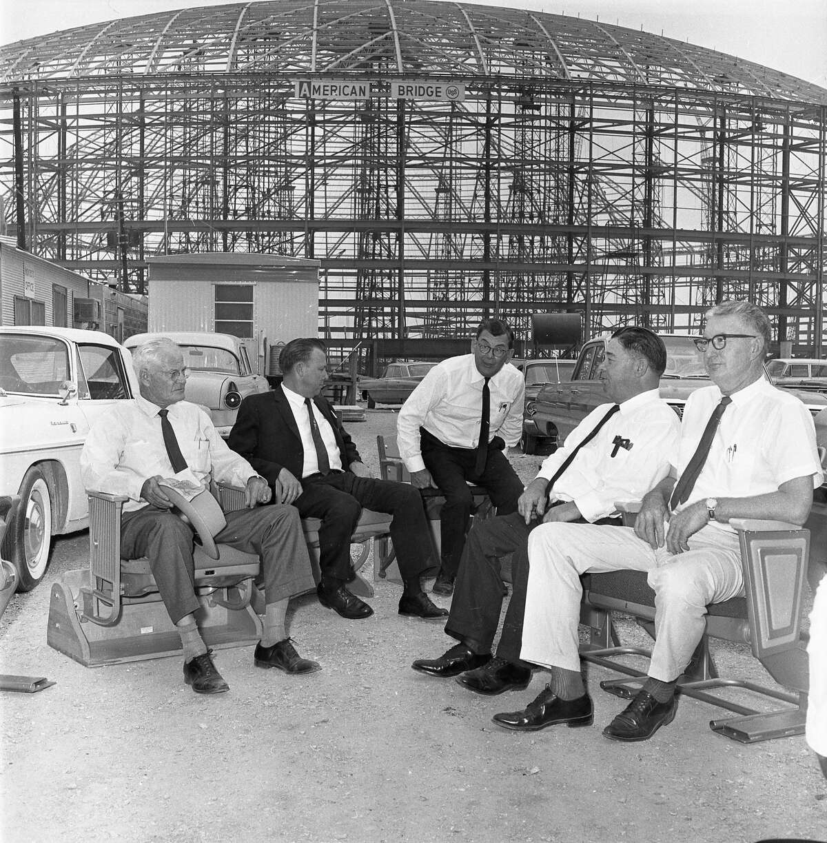 October 1963: Harris County commissioners check out stadium seats for the to-be-completed domed stadium (Astrodome). commissioner Philip Sayers, County Judge Bill Elliott, commissioners W. Kyle Chapman, E.A. (Squatty) Lyons and V.V. (Red) Ramsey.