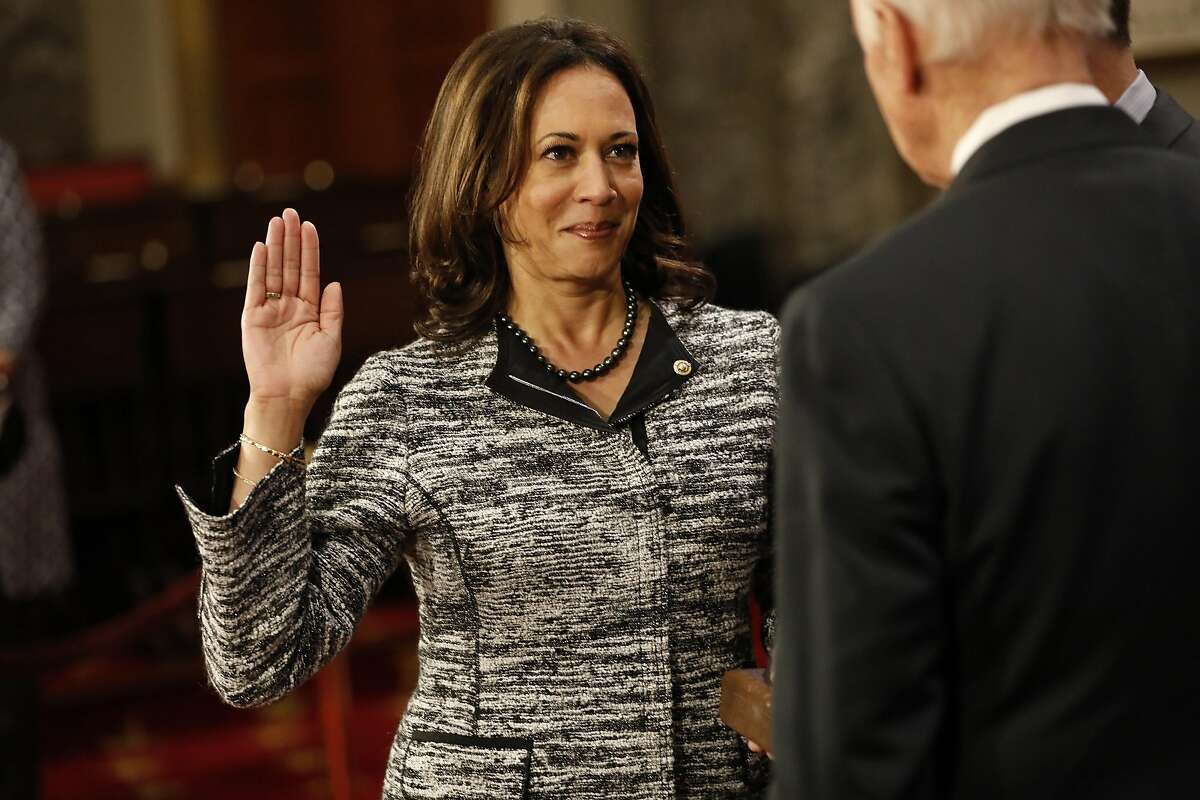 Vice President Joe Biden swears in Kamala Harris Harris became the first person of Indian American heritage to serve in the Senate when she was sworn in to office on Jan. 3, 2017. In this file photo from Jan. 3, 2017, Harris (D-CA) participates in a reenacted swearing-in with U.S. Vice President Joe Biden in the Old Senate Chamber at the U.S. Capitol in Washington, DC. Earlier in the day Biden swore in the newly elected and returning members on the Senate floor.