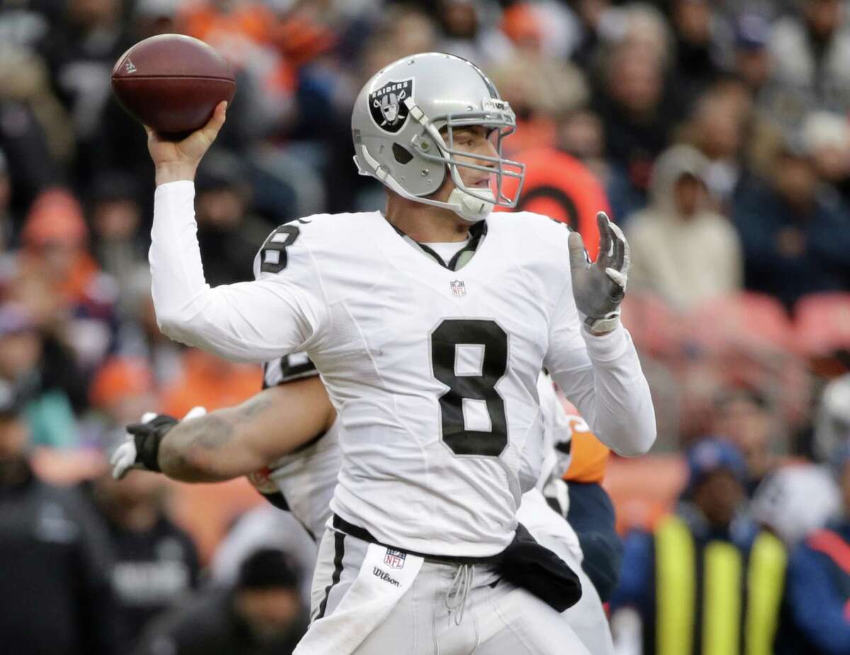 In this Sunday, Jan. 1, 2017, photo, Oakland Raiders quarterback Connor  Cook passes against the Denver Broncos in the first half of an NFL football  game in Denver. The Raiders are going