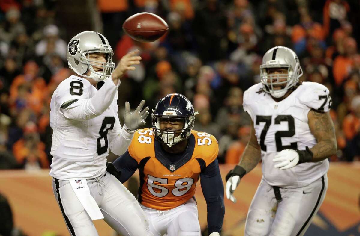 Oakland Raiders quarterback Connor Cook (8) passes against the Denver Broncos in the second half Sunday in Denver.