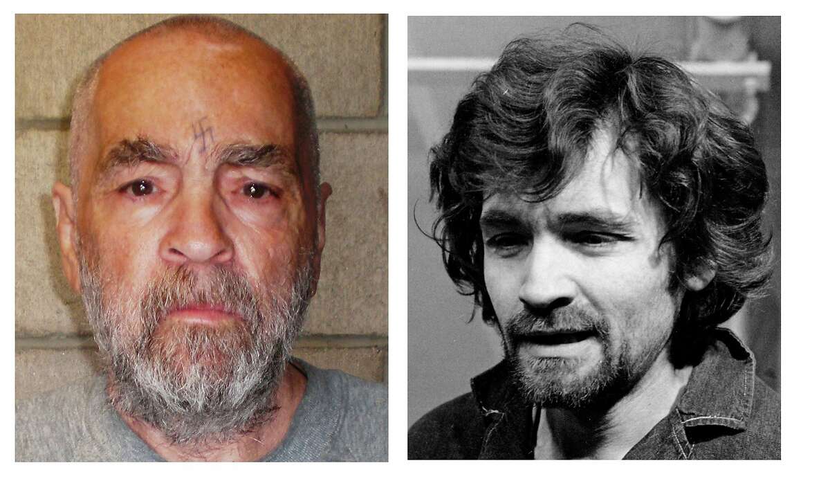 In a Dec. 17, 1970 file photo, right, Charles Manson is pictured en route to a Los Angeles courtroom. At left, a 74-year-old Manson is shown in a file photo from March 18, 2009 released by California corrections officials taken at Corcoran State Prison.