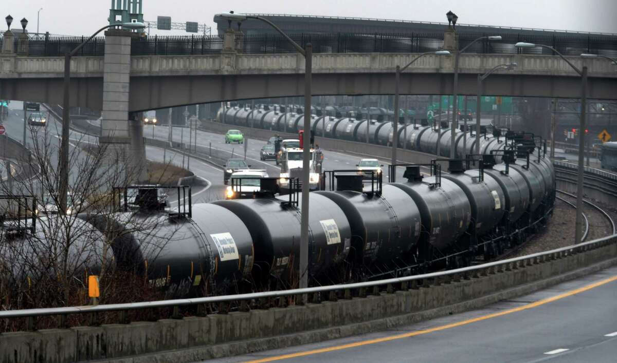 Oil tank cars are lined up between the lanes on Interstate 787 on Tuesday, Jan. 3, 2017, in Albany, N.Y. (Skip Dickstein/Times Union)