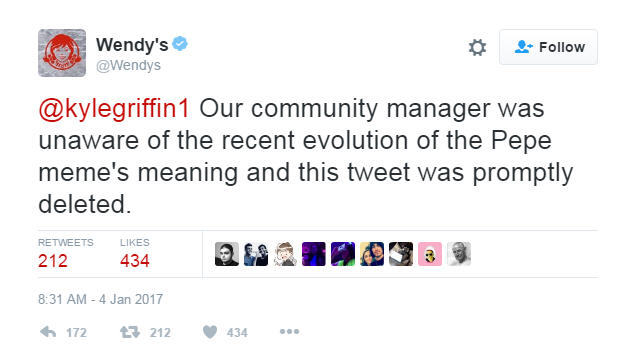 Wendy's Twitter account posts Pepe the Frog meme, a designated