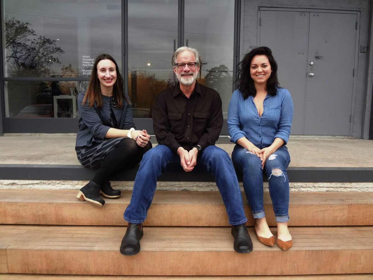 Blue Star Contemporary executive director Mary Heathcott, architect and board member Jim Poteet and public affairs manager Inessa Kosub sit on the new front steps of the art space.