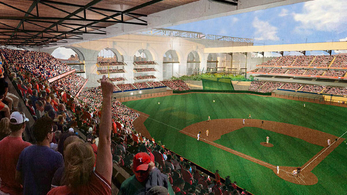 An artist rendering of the new baseball stadium for the Texas Rangers being designed by HKS of Dallas, shown at a press conference Thursday in Arlington.