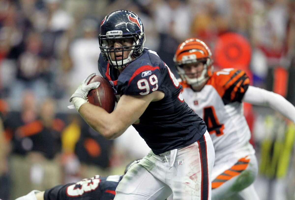 J.J. Watt's interception return for a touchdown sent the Texans on their way to the first playoff victory in franchise history against the Bengals seven years ago.