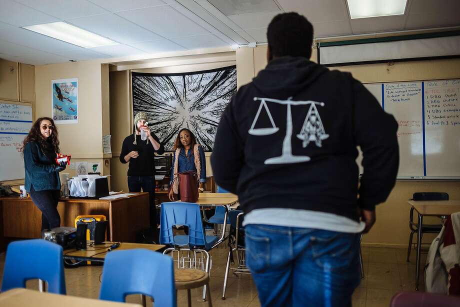 Mya Whitaker program director of the Bay Area Urban Debate League meets with Laila Samini and Harrison Noel teachers at Skyline High School on Thursday, January 5th, 2017, in Oakland, CA. Mya Whitaker is the program director for Bay Area Urban Debate League and along other several Oakland citizens, helped Mayor Libby Schaaf select the new chief of police Anne Kirkpatrick in Oakland, CA. Photo: Michael M. Santiago, Special To The Chronicle