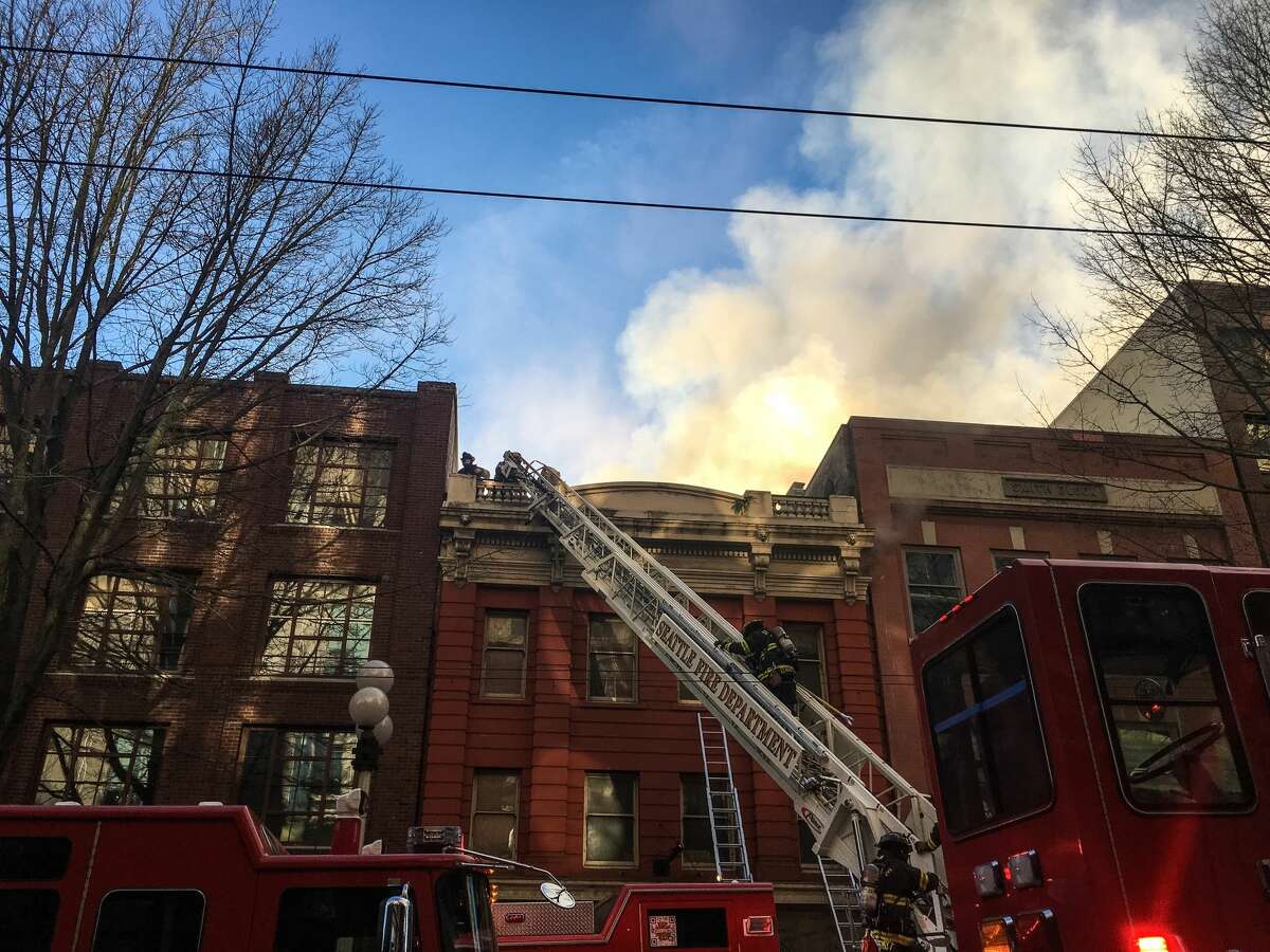 Seattle fire crews battle a blaze at 1919 First Avenue downtown.