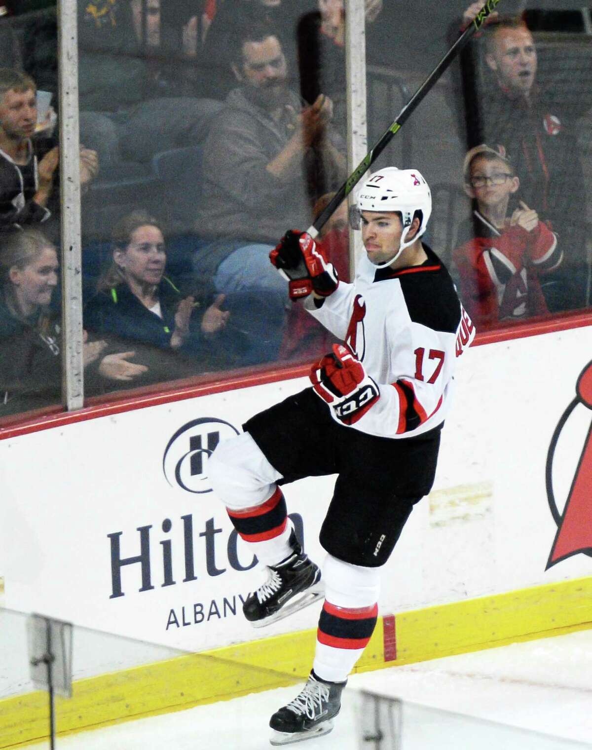 Albany Devils' #17 John Quenneville celebrates his goal during Saturday's home opener against the St. John's IceCaps at the Times Union Center Oct. 15, 2016 in Albany, NY. (John Carl D'Annibale / Times Union) ORG XMIT: MER2016101520313055 ORG XMIT: MER2016121514455173