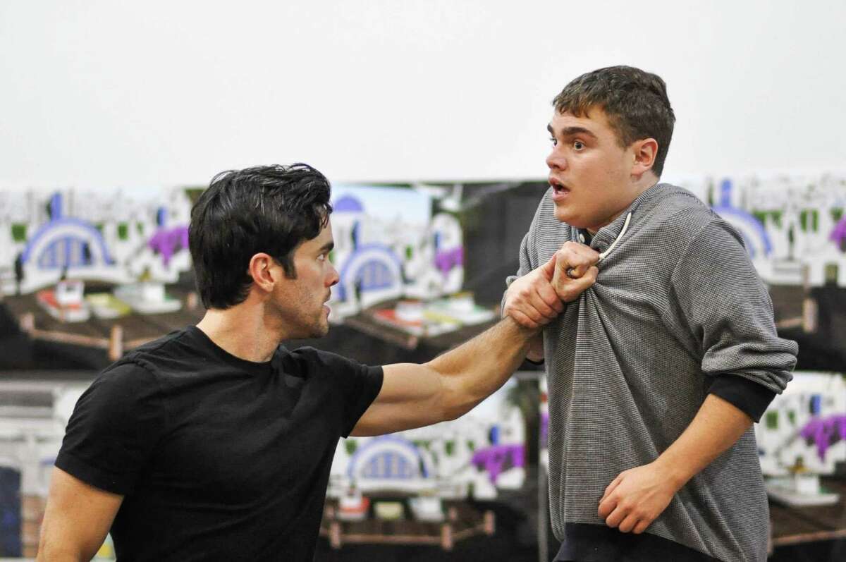 Ryan-James Hatanaka and Matthew Macca rehearse a scene for “The Comedy of Errors” at Hartford Stage. The show runs Thursday, Jan. 12, through Sunday, Feb. 12.
