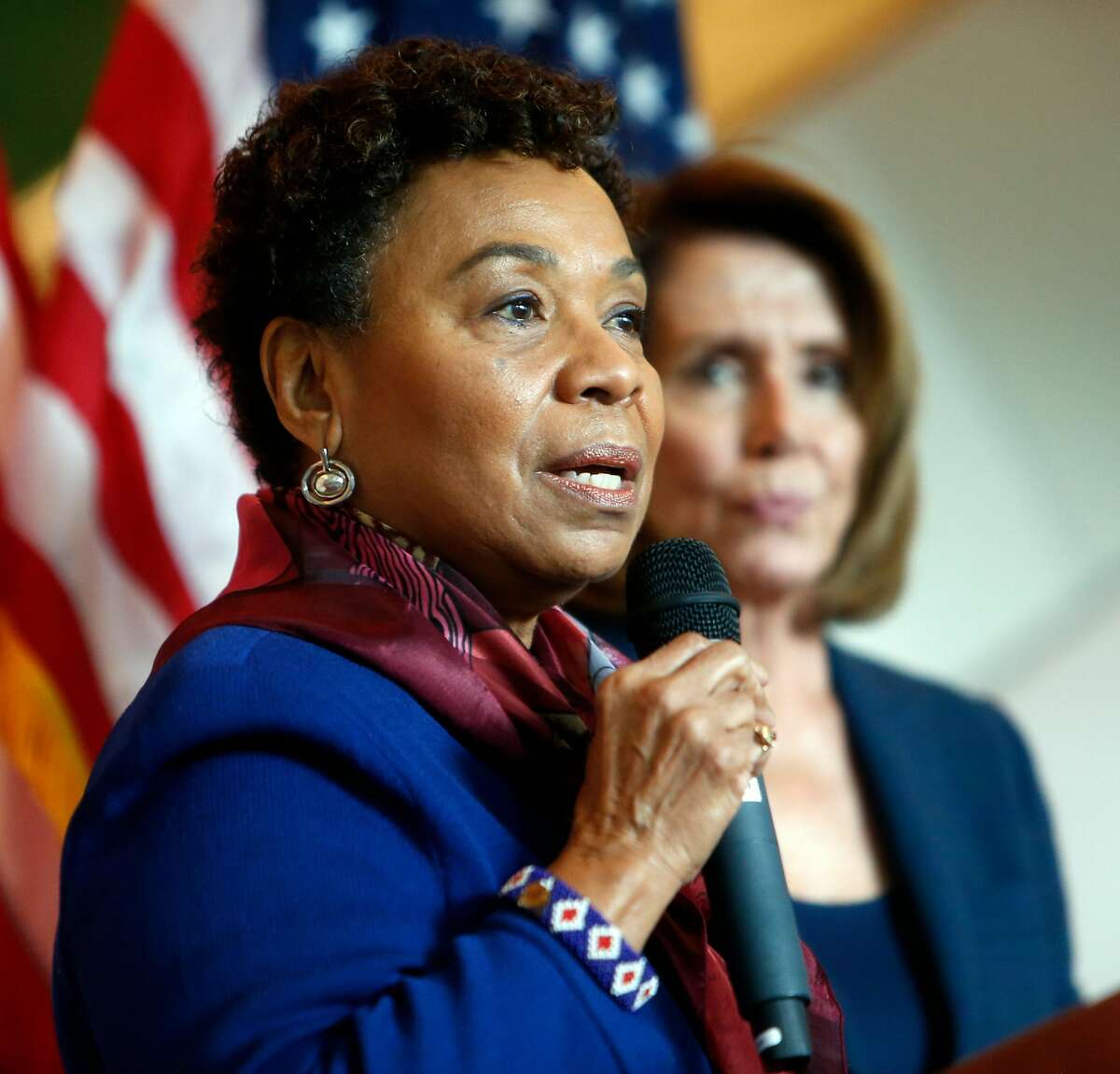 Congresswoman Barbara Lee introduces fellow Congresswoman Nancy Pelosi during press conference, on the harmful effect of the possible repeal of the Affordable Care Act, at Zuckerberg San Francisco General Hospital in San Francisco, Calif., on Saturday, January 7, 2017.