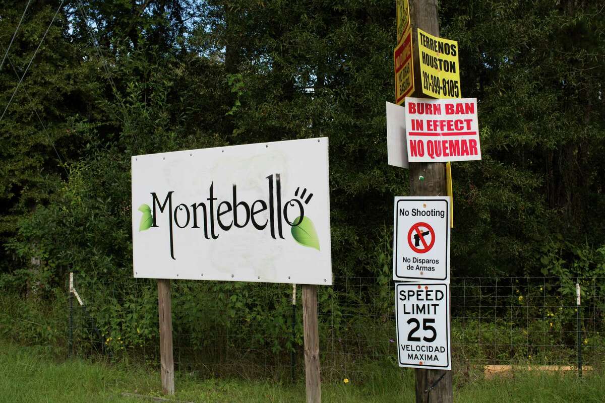 Sign that stands in one of the entrances of the Montebello Subdivision in Liberty County. Montebello is a 900-lot development created by Colony Ridge. Tuesday, Oct. 4, 2016. ( Marie D. De Jesus / Houston Chronicle )
