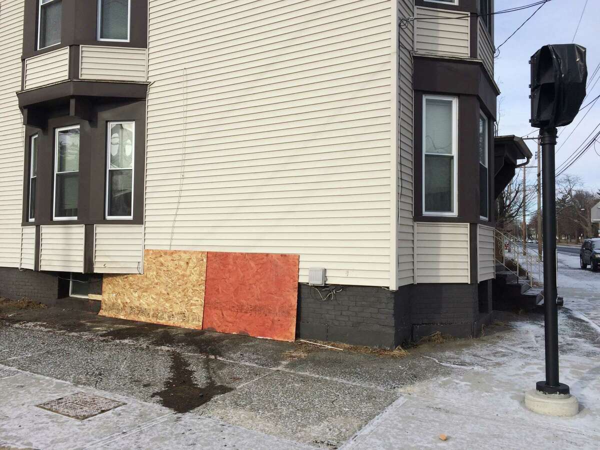 The location where a teenager allegedly stole a running car Saturday, Jan. 7, 2017 and subsequently crashed into a building on Partridge Street across from Albany's Bleeker Stadium. (Lauren Stanforth/Times Union)